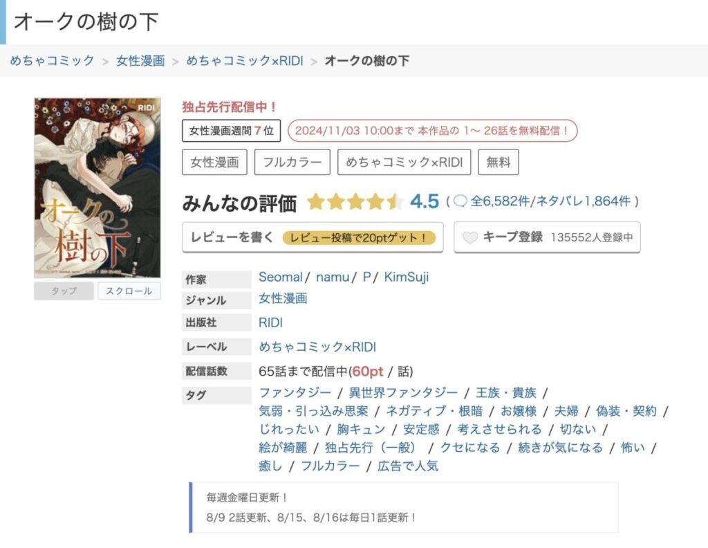 「オークの樹の下」の漫画版は、日本では「めちゃコミック」で独占配信されています。