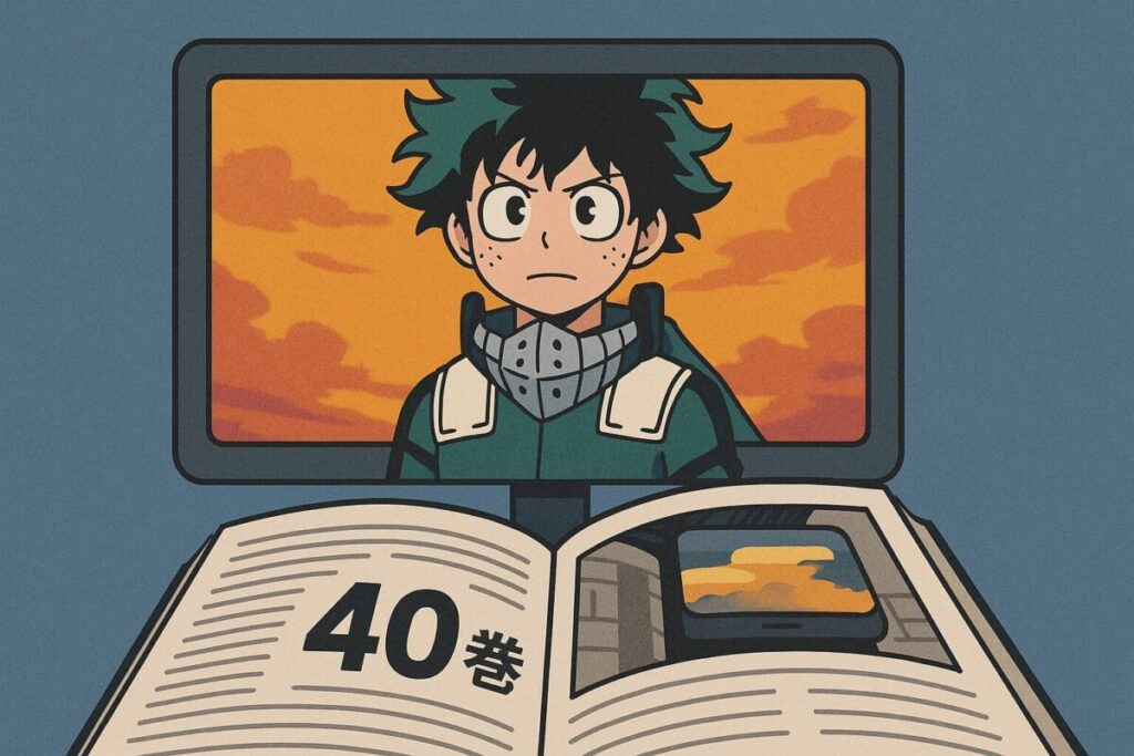 原作40巻の漫画本と、アニメ画面に映るデクが重なった構図。原作からアニメへの接続を示す