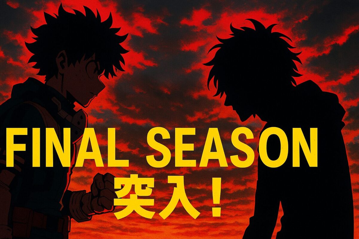 夕焼け空の下で対峙するデクと死柄木のシルエット、FINAL SEASON突入！の文字入り