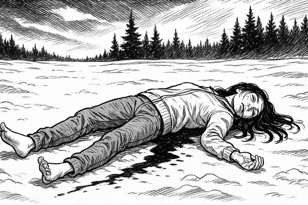 雪原で倒れている少女ナタリーを描いた白黒の漫画イラスト。極寒の地における悲劇を象徴的に描写。