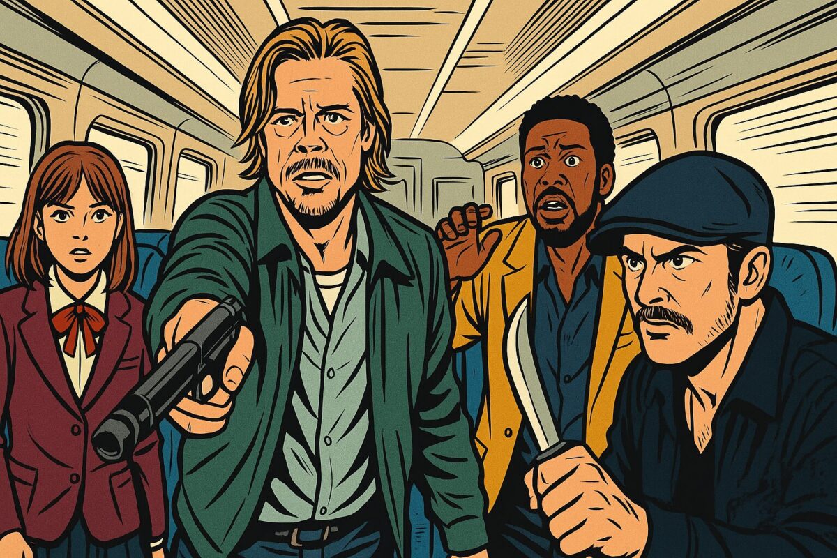 映画『ブレット・トレイン』で新幹線内に立つレディバグ（ブラッド・ピット）と東京風の背景